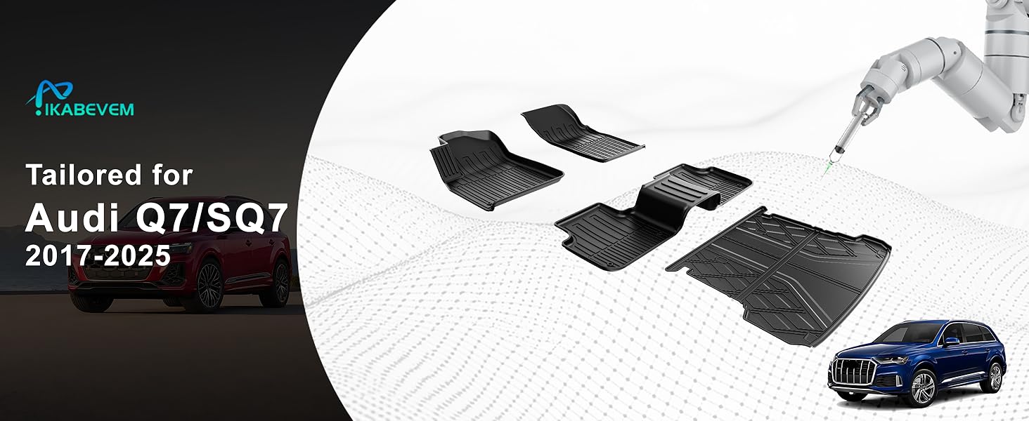 Original 2017-2025 Q7/SQ7 Floor Mats & Cargo Liner for Audi Q7 All Model - Custom Fit All Weather TPE Floor Liners for Q7/SQ7 1st & 2nd Row & Trunk Mat Full Set Car Mats, Black