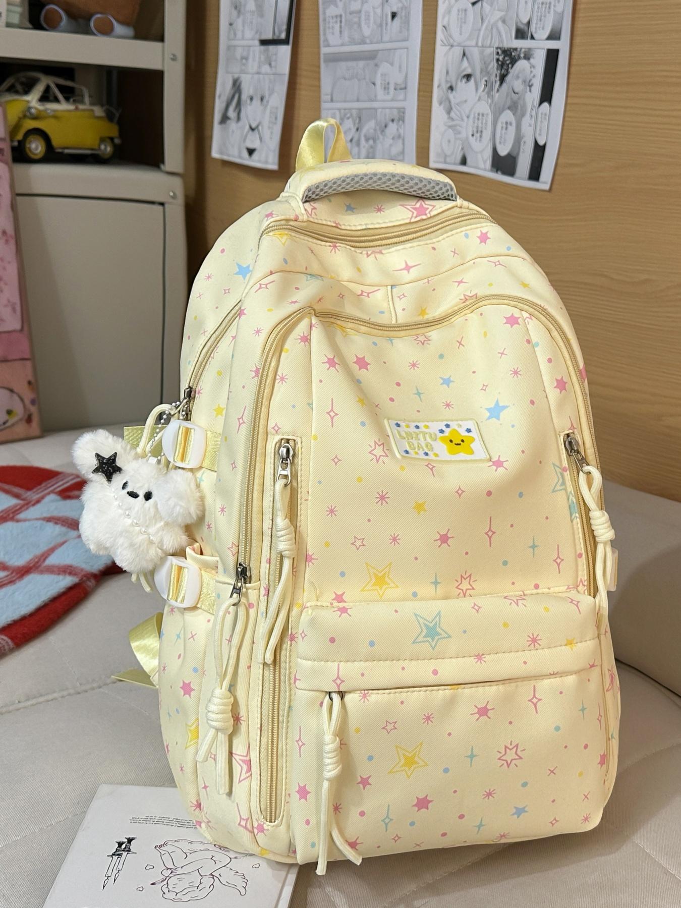 2026 New Cute Waterproof Fashion Star Pattern Backpack, High School Student Book Bag, Large Capacity Dual Shoulder Bag with Charm