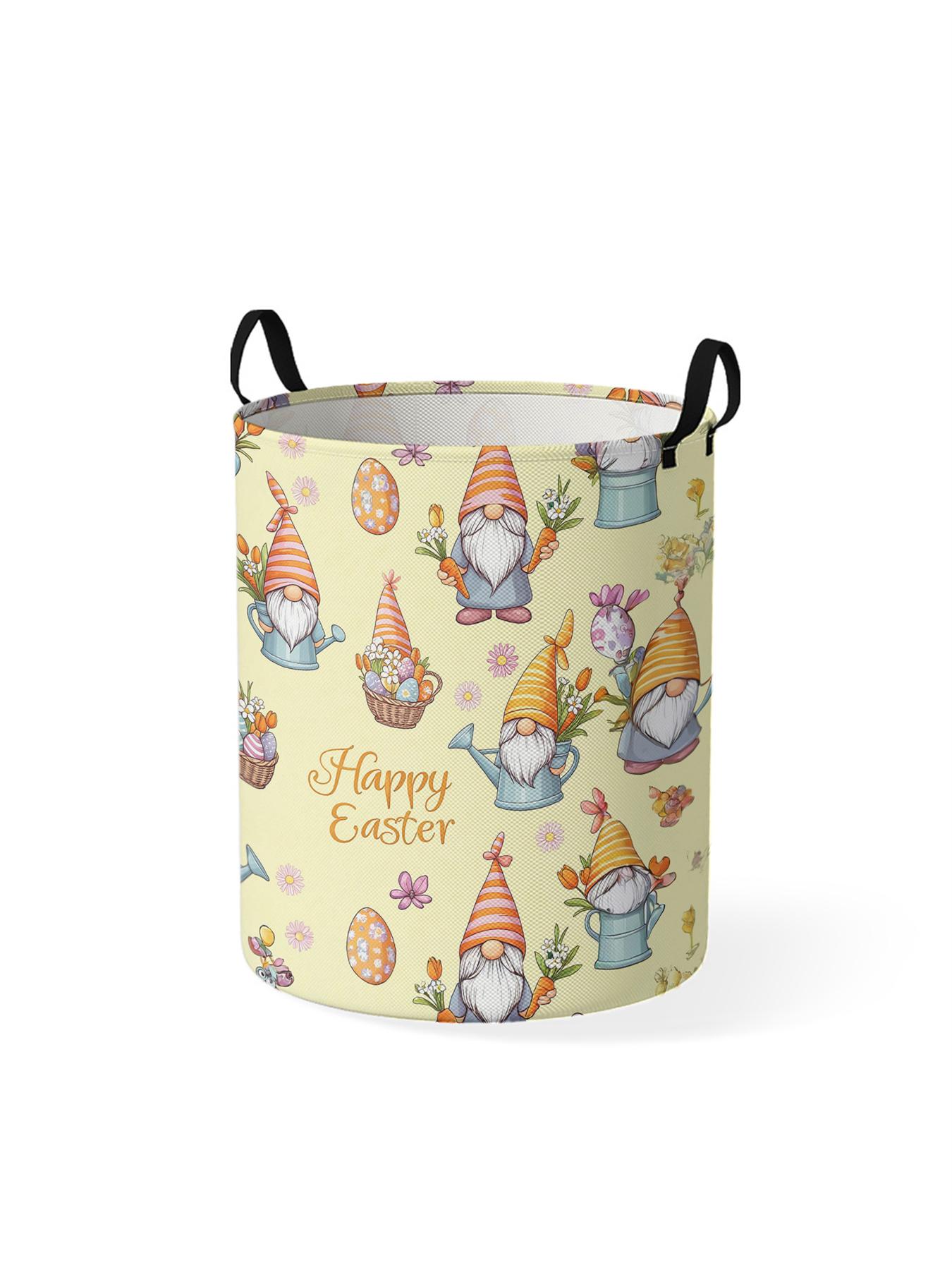 1pc Easter Elf Pattern 2D Printed Easter Basket with Handle, made of wear-resistant material, foldable home laundry hamper, large capacity laundry storage basket, toy storage box