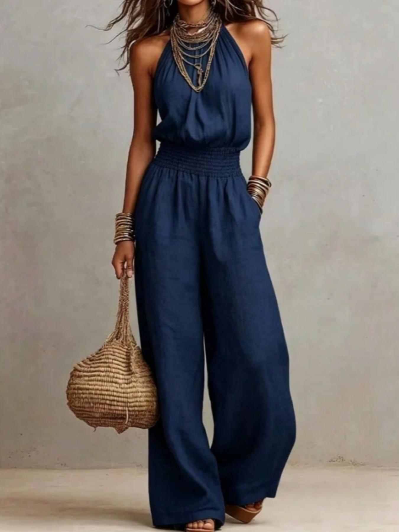 BohoChic Smocked High Waist Linen Blend Halter Neck Wide Leg Jumpsuit, Plain Ruched Jumpsuit, Sleeveless Pocket Design Casual Outfit for Beach Vacation Bohemian Daily Wear, Oversized Loose Fit Resort Romper Outfit Women Apparel