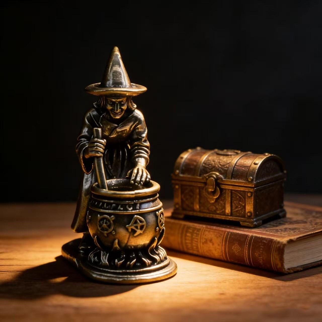 Vintage Brass Witch Grinding Pot Statue Figurine, Pentagram Magic Miniature Craft, Desktop Decoration, Collectible Wizardry Ornament, Creative Desk Tea Pet Gift