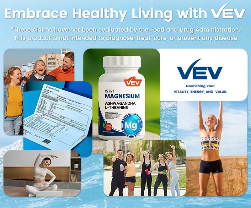 VEV 15 in 1 Magnesium Citrate & Glycinate Complex Capsules, Cortisol Support with Ashwagandha & L-Theanine, Edible Minerals Natural Dietary, 120 Vegan Capsules