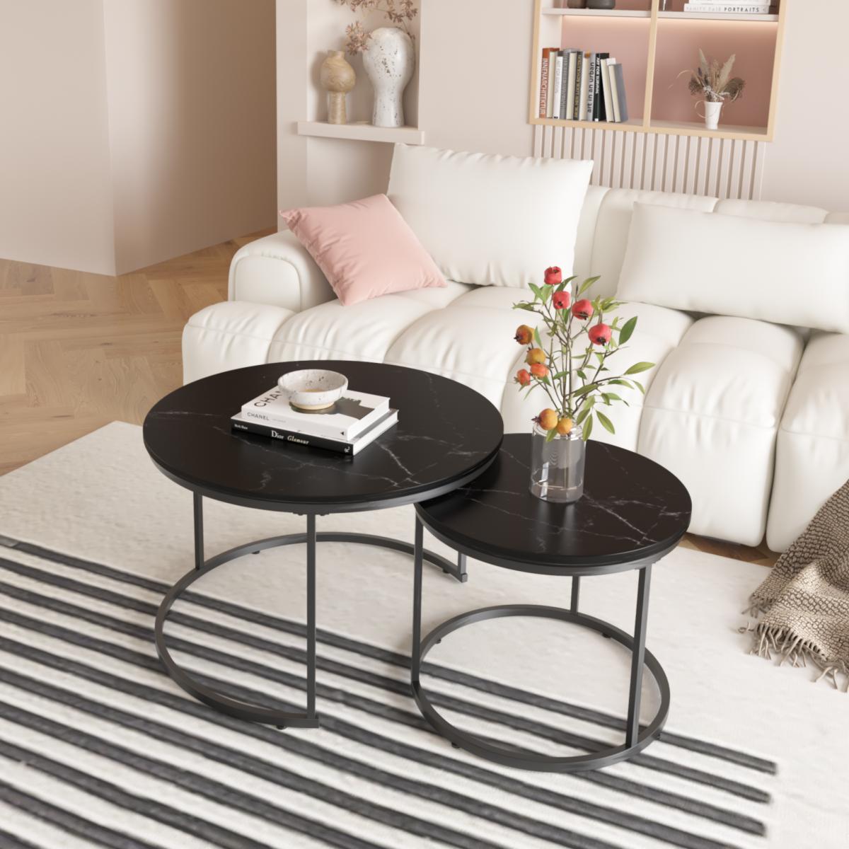 Nesting Coffee Table Set of 2, 27.6inch Round Coffee Table Wood Marble Pattern Top with Sturdy Metal Frame, End Table Side Tables for Living Room Bedroom Balcony Yard