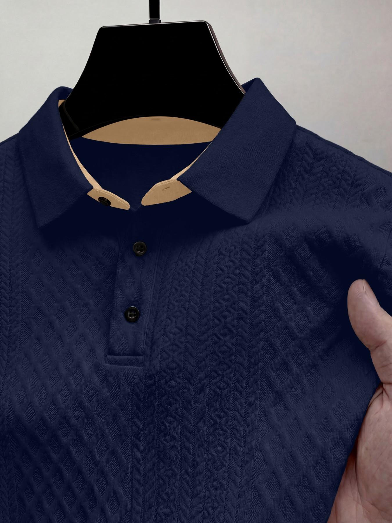 Men's Colorblock Polo Shirt with Textured Pattern, Button Short Sleeve, Geometric and Letter Print, Casual Daily Wear