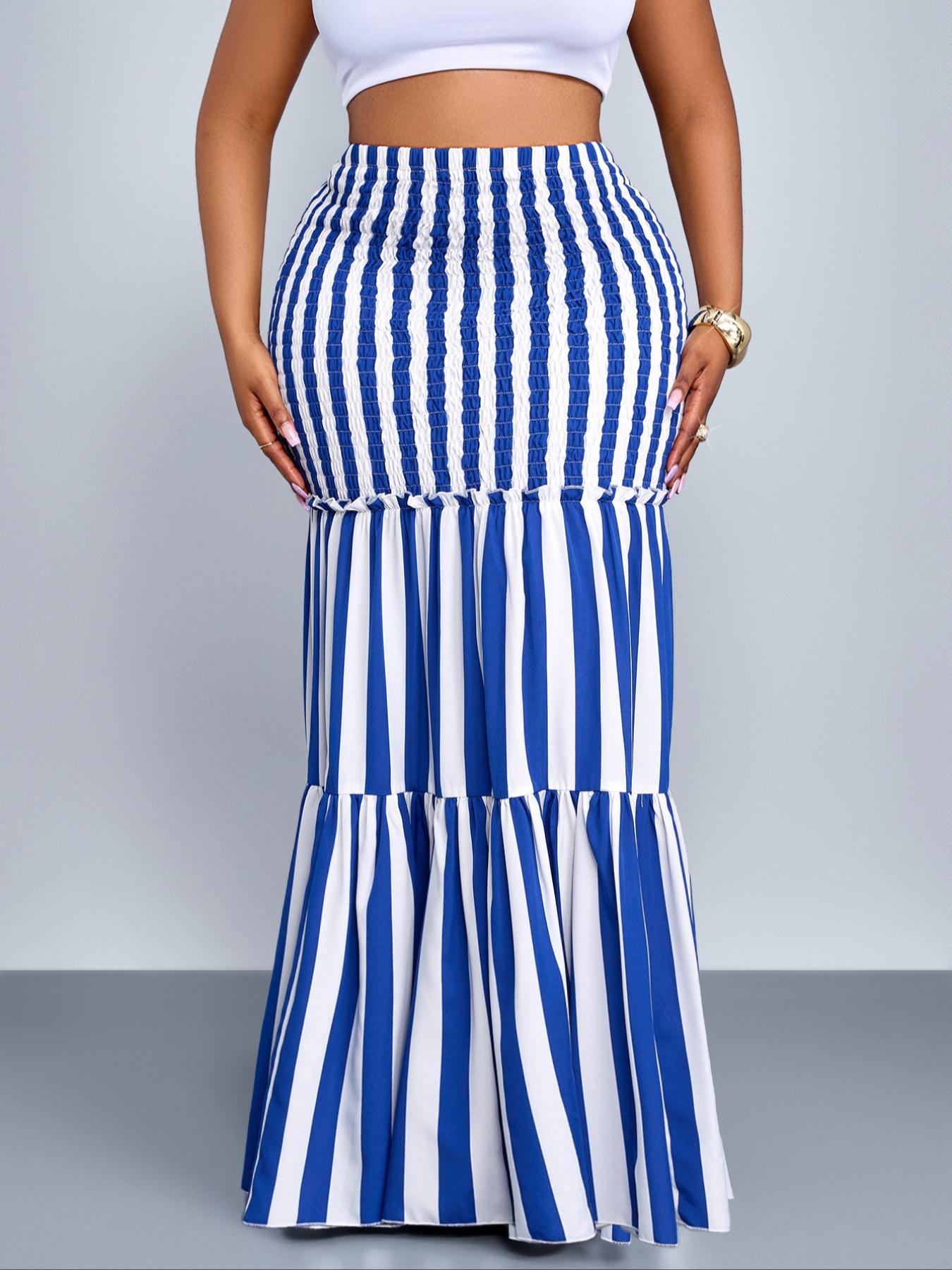 Elegant Striped High Waist Bodycon Mermaid Maxi Skirt, Plus Size Women's Long Dress, Fall Fashion, Fitted Style, All Seasons