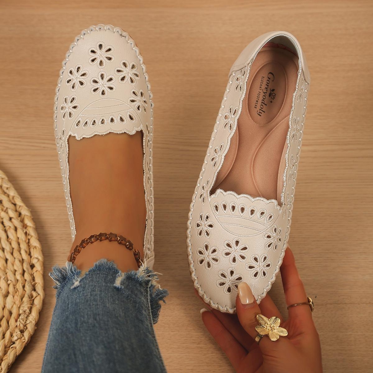 Goreyodoly Womens Wide Fit Round Toe Casual Slip On Flats, Breathable Slip Ons, Hollow Floral Lightweight Comfortable Walking Shoes All Season Office Travel Commuting Home Wear Soft Cushioned Insole Rubber Slip Resistant Durable Versatile Footwear