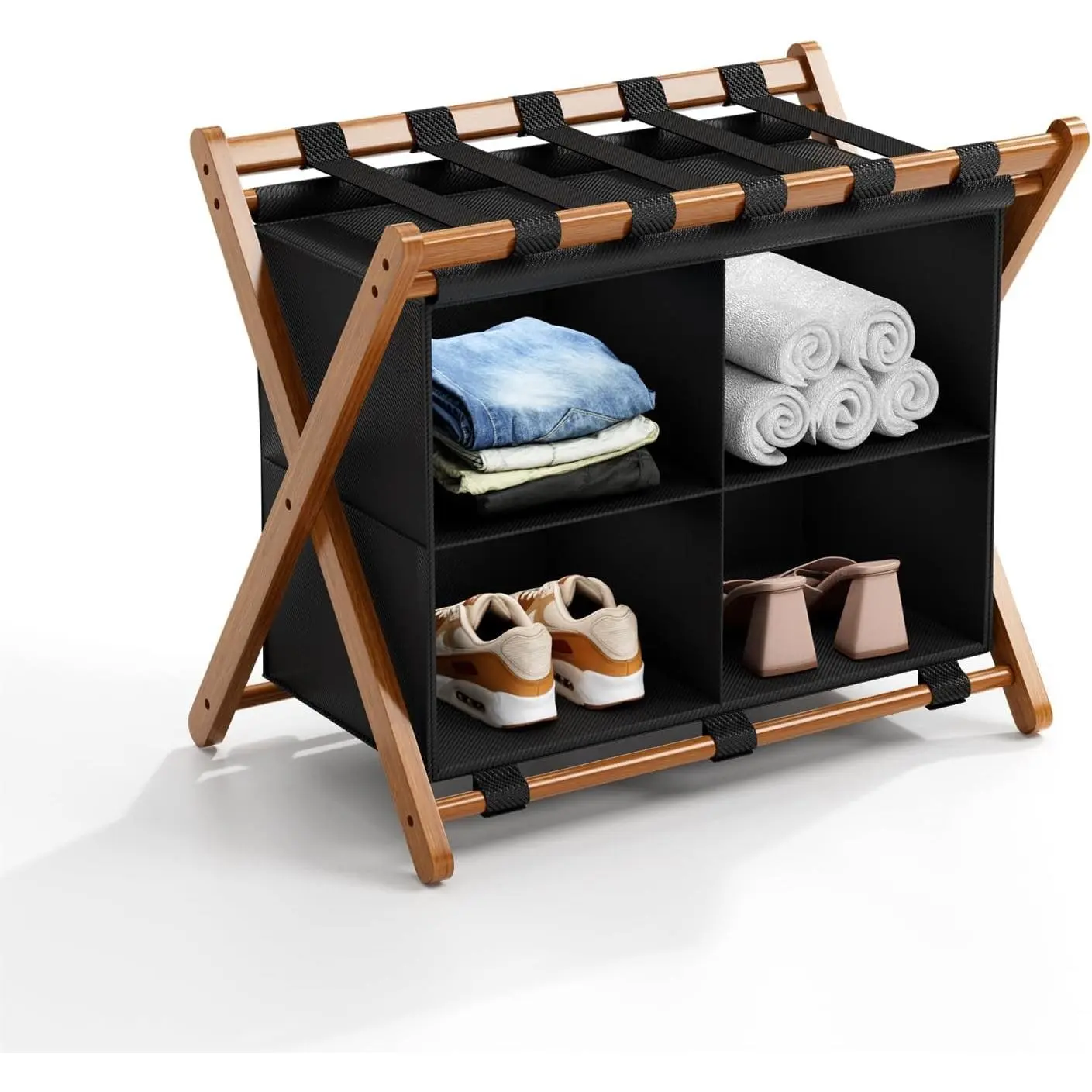 Foldable Bamboo Luggage Rack with 4 Storage Compartments, 150lbs Capacity Sturdy Space-Saving Suitcase Stand, Easy to Assemble Luggage Organizer for Guest Room