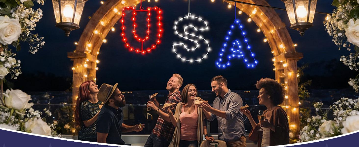 4th of July Window String Lights, USB Powered Twinkle Light for Independence Day Decorations, Memorial Day & Wedding Lights - Red White Blue Hanging Light with 68 LEDs for Trees & Home Decor