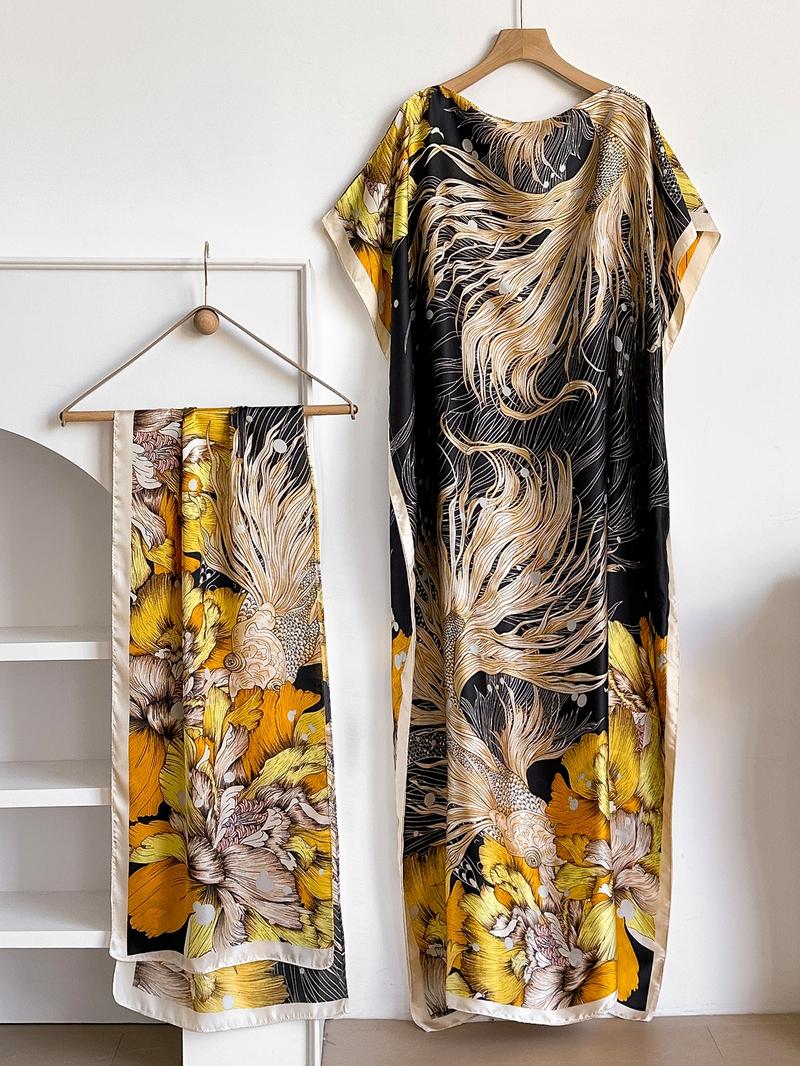 Women's Colorblock Print Long Scarf & Poncho Set, Casual Soft Comfortable Shawl for Beach Vacation, Fashion Accessories for Women & Girls