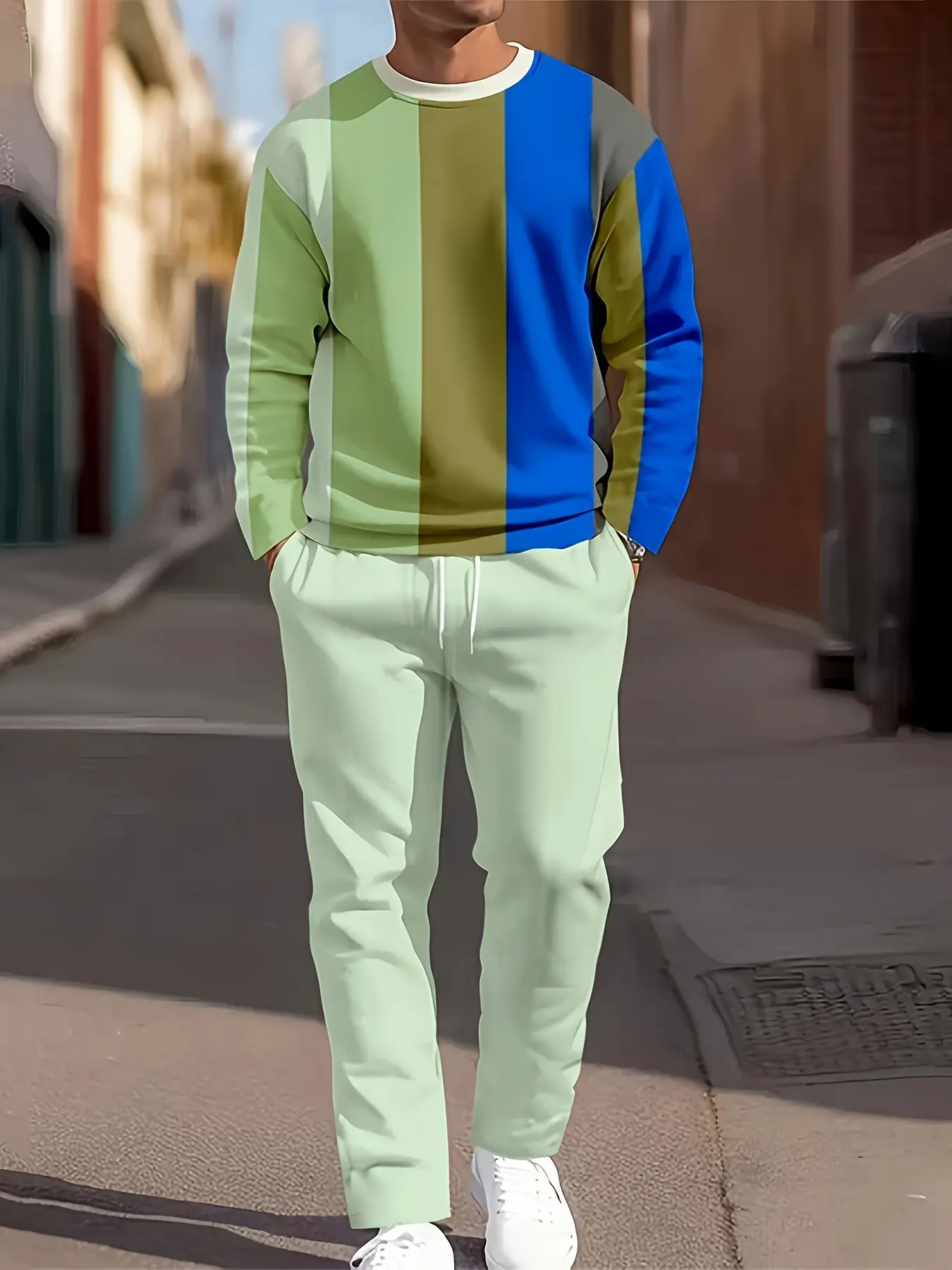 Men's Trendy Fashion Multi-Color Geometric Pattern Suit, Loose-Fitting Long Sleeve and Pants Set, Casual Vacation, Unlined Clothing