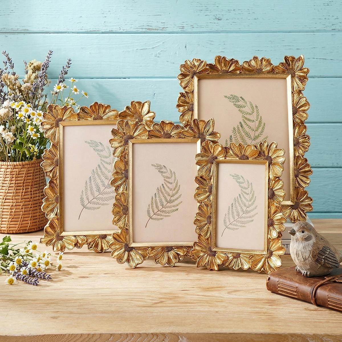 European Style Daisy Flower Pattern Frame, Resin Hand-Painted Photo Display, Indoor Desktop Decor, Wedding, Party Decoration