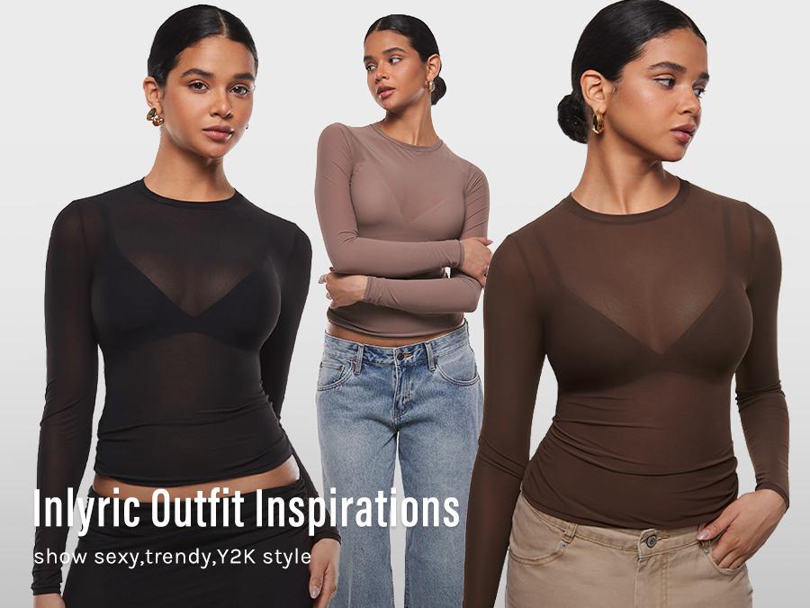 Cosnufy Mesh Sheer Long Sleeve Top Single Layer Crew Neck See Through SpringStatements