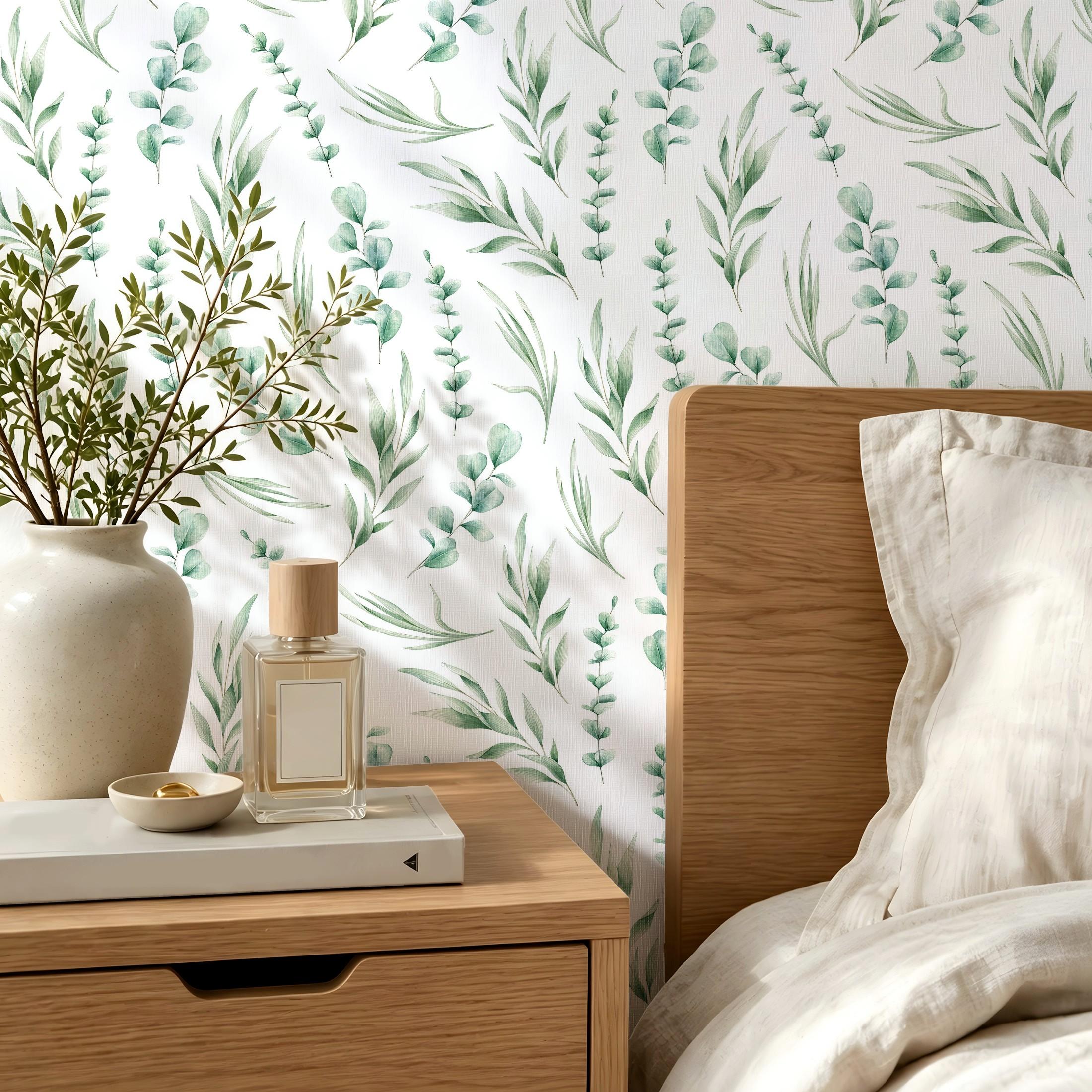 1 Roll Eucalyptus Green Leaves Peel and Stick Wallpaper 44.5cm/17.5in Wide, Waterproof Removable Color Fadeless Vinyl for Bathroom Living Room Decor, Length Options: 1m/2m/3m/5m/10m