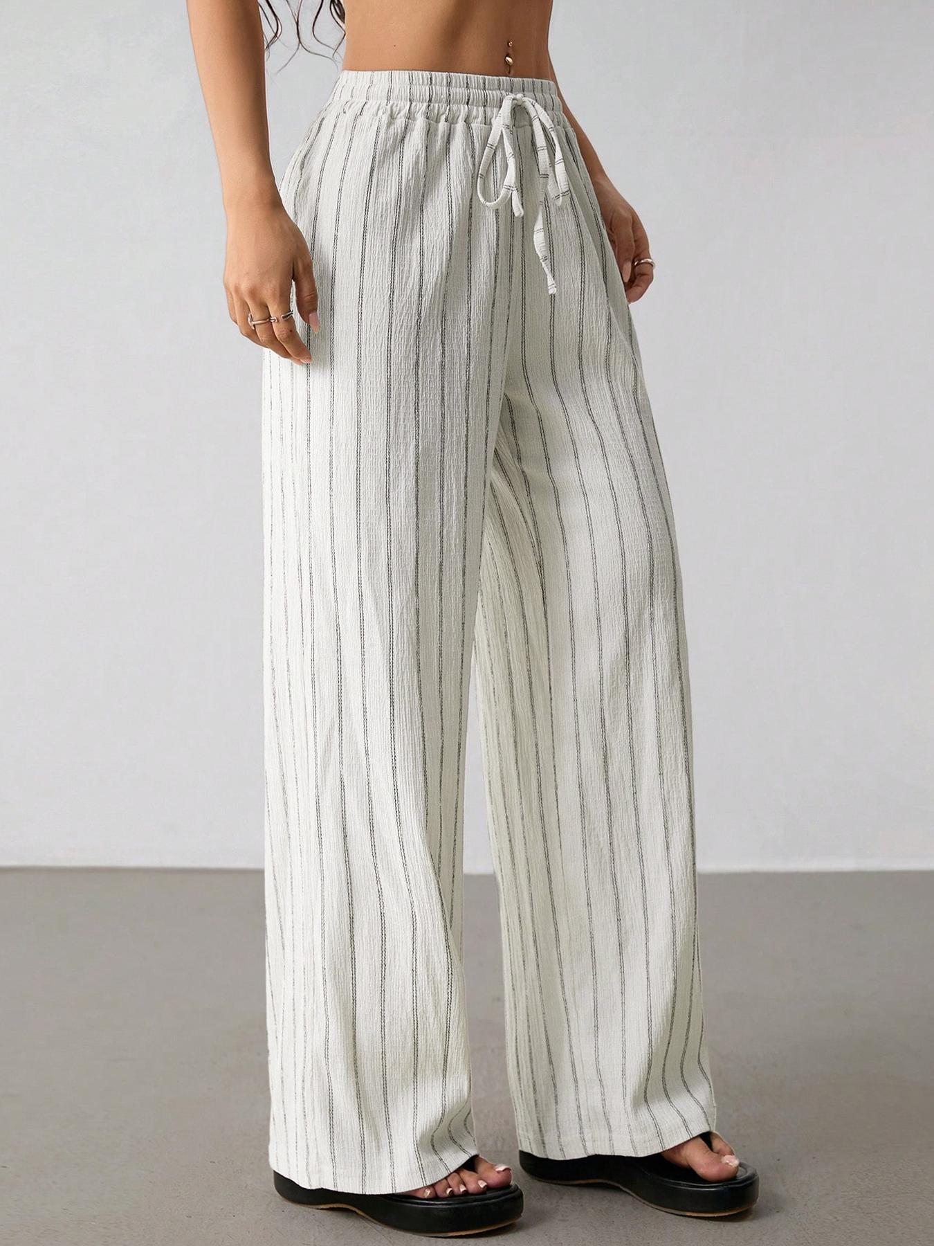 Women's Striped Waist-Tie Straight-Leg Loose Streetwear Pants, Casual Style, Moderate Fabric Thickness, All-Season Wear
