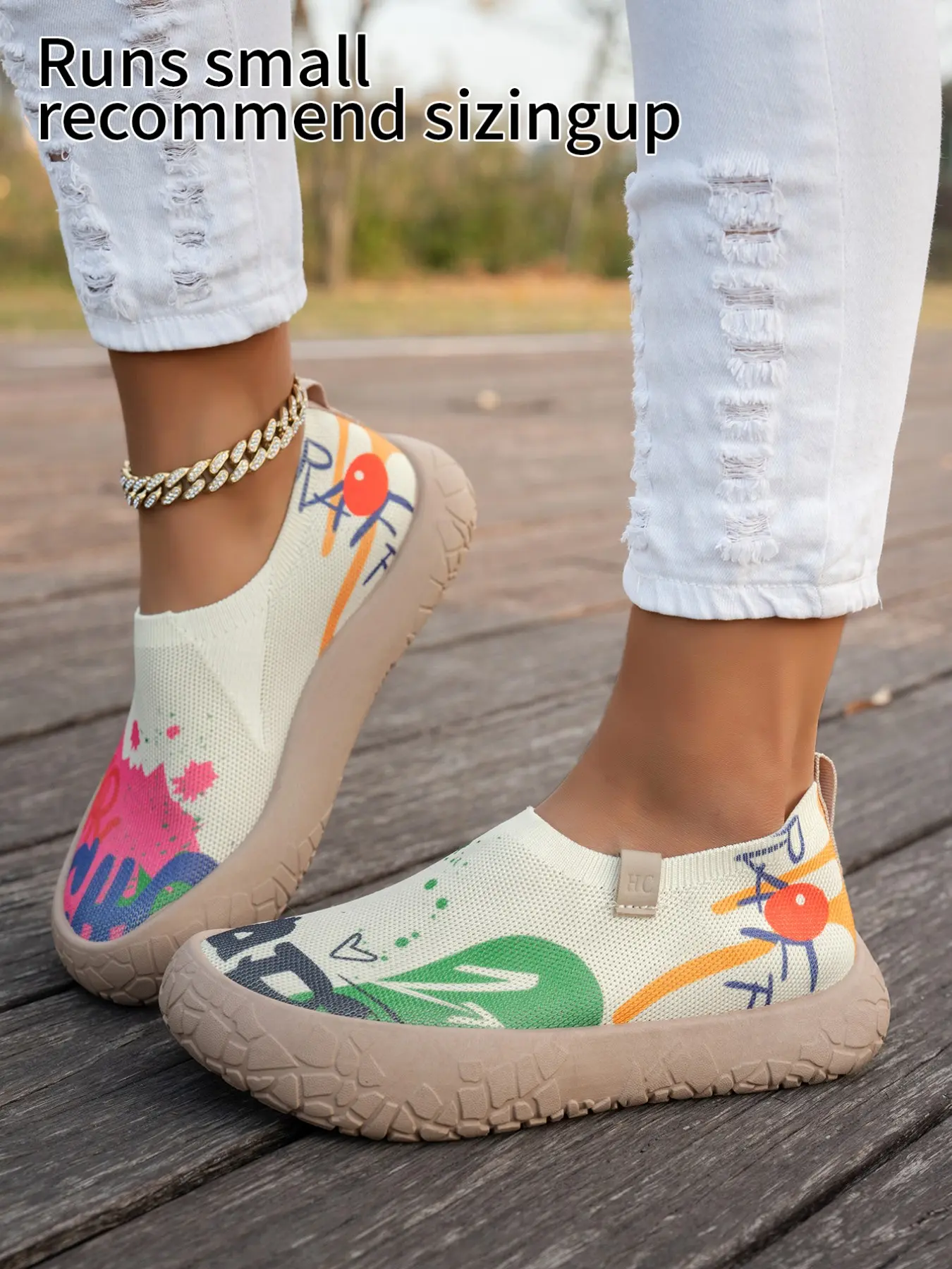 Women's Graffiti Print Slip-On Knit Loafers, Casual Low Top Flat Walking Shoes with Colorful Artistic Graphic Knit Uppers and Textured Chunky Beige Outsoles for Daily Errands, Casual Strolls and All-Purpose Everyday Outfits, Casual Indoor Footwear