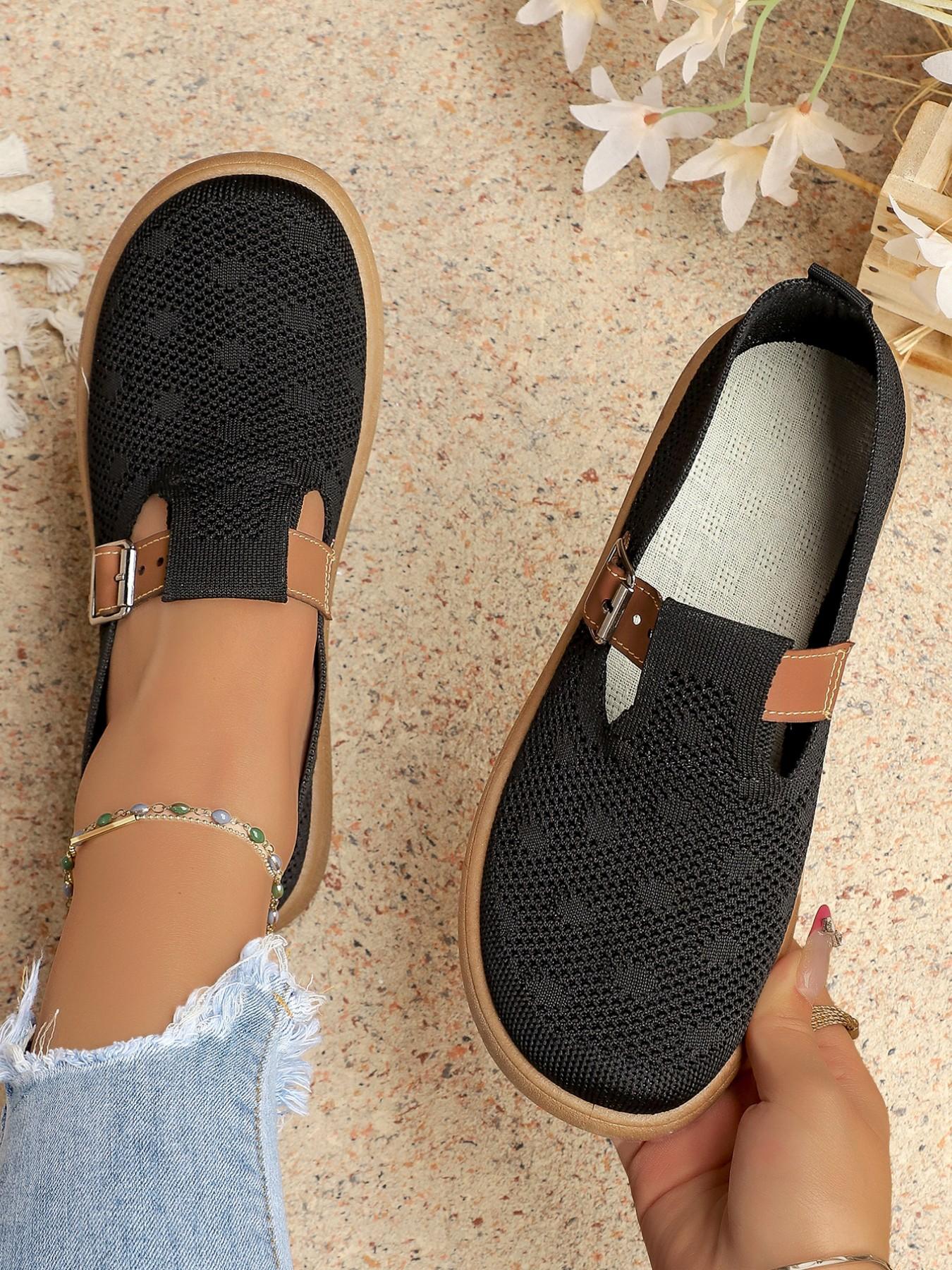 Women's Multicolor Flyknit Mary Jane Flat Shoes, Breathable Mesh, Leather-Like Buckle, Soft Rubber Sole, Comfortable Casual Footwear