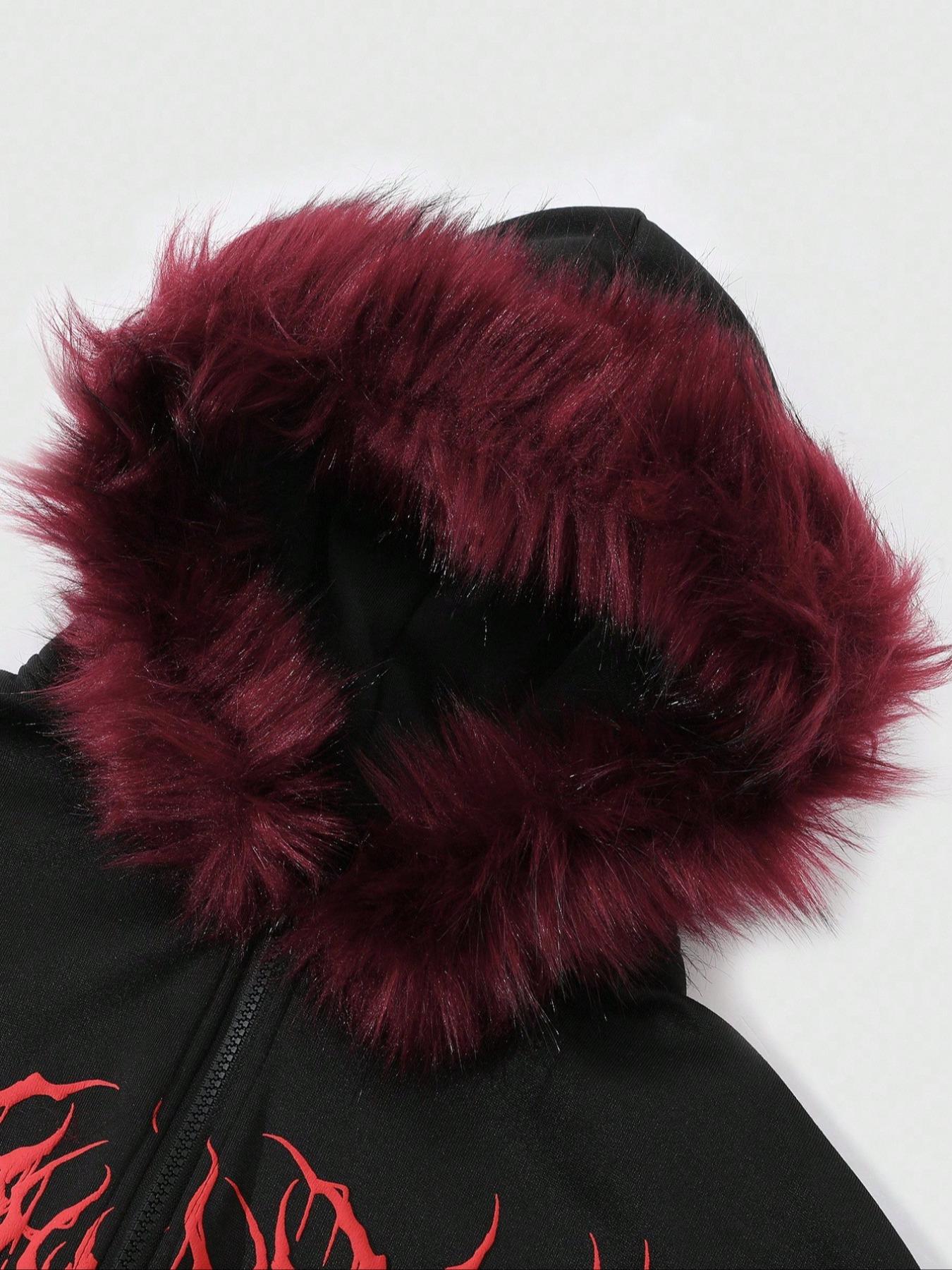 Y2K Cyber Grunge Full Zip Hoodie with Red Furry Hood | Gothic