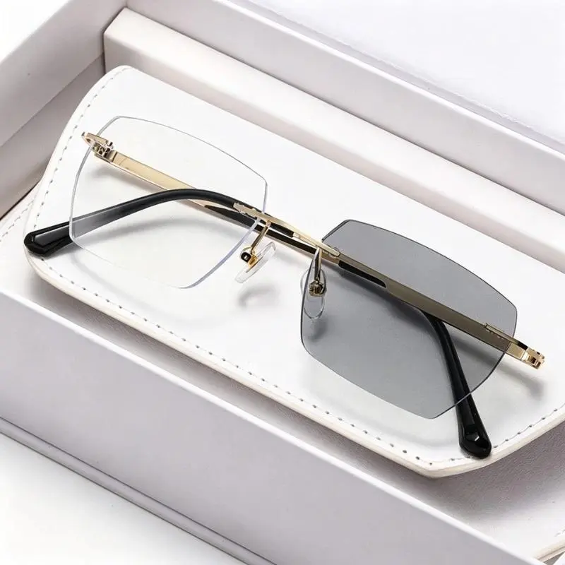 Ultra Light Frameless Photochromic Myopia Glasses Unisex Anti Blue Ray Eyewear Polished Cut Lens for Business Man Daily Wearing
