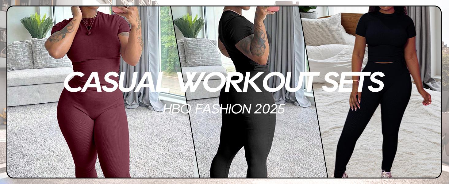 Women Two Piece Outfits Workout Sets Ribbed Casual Jogging Suits Short Sleeve Tracksuits