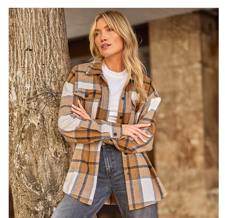 AUTOMET Womens Flannel Shacket Casual Jacket Plaid Button Down Long Sleeve Shirt Fall Winter Outfits pocket casual fabric