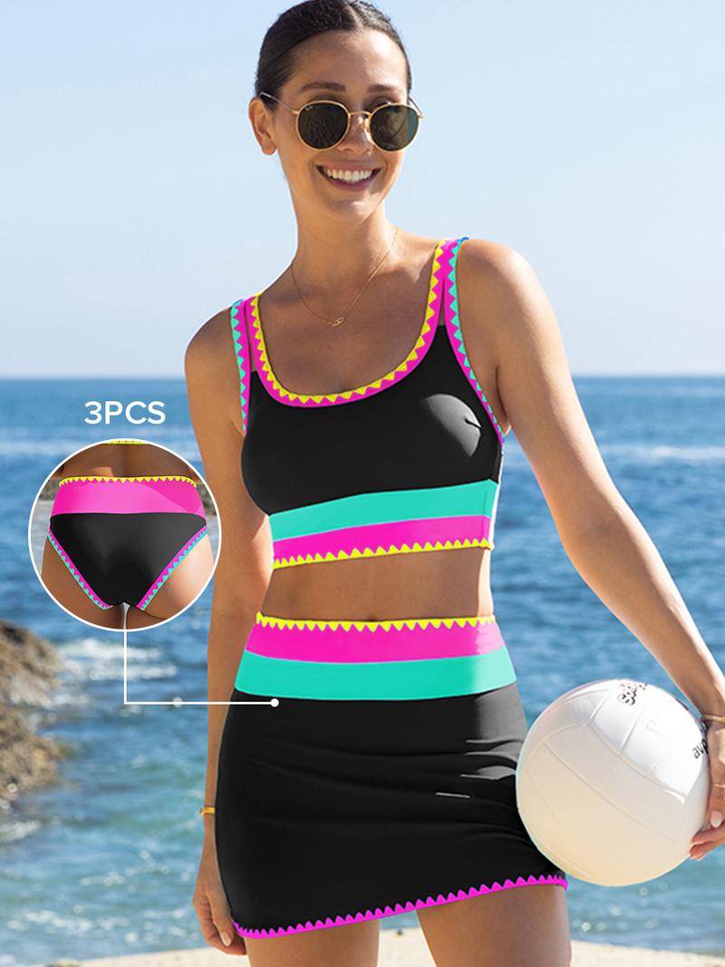 Popvil Patchwork Sporty 3 Piece Bikini Sets,Tummy Control & High Waisted Swimsuit with Wide Shoulder Straps