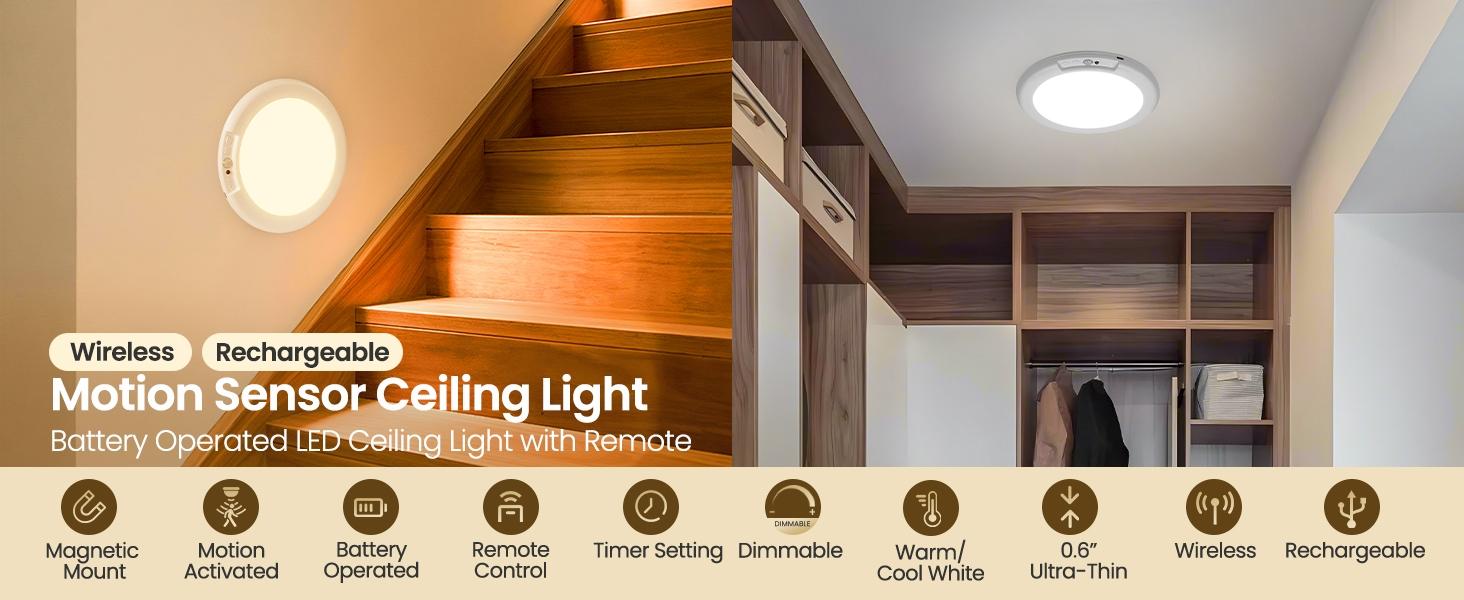 Rechargeable Ceiling Light with Remote Control, Human Body Sensing, Adjustable Color Temperature, Wall-Mounted, Ideal for Closet, Storage, Living Room