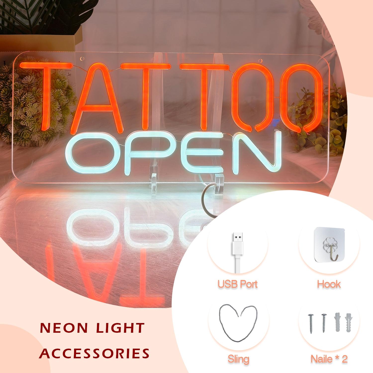 Open Neon Tattoo Sign Wall Decor, Adjustable USB Powered LED Sign for Salon Art Decoration, Bright Neon Sign for Bar Hotel Game Room