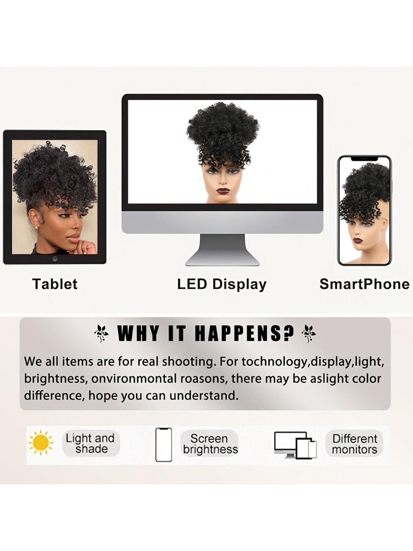 Women Drawstring Hair Bag, African Loose Curl Ponytail Extension, Bangs Flower Braid Style, High Crown Heat Resistant Fiber Wig Piece