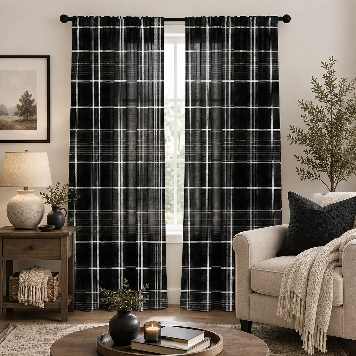 2pcs Black and white checkered semi-blackout decorative curtains, retro black background with white checkered pattern, pocket rod installation, digitally printed semi-blackout curtains, suitable for living rooms, bedrooms, outdoor spaces, and home décor.