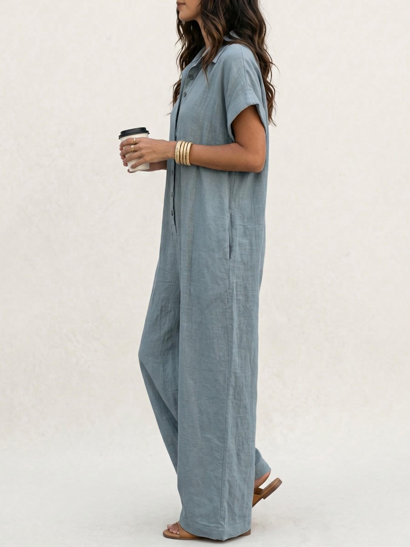 Women's Casual Loose-Fitting Breathable Jumpsuit, Summer Short Sleeve Collared Print Jumpsuit, Wide Leg Long Pants with Button Closure