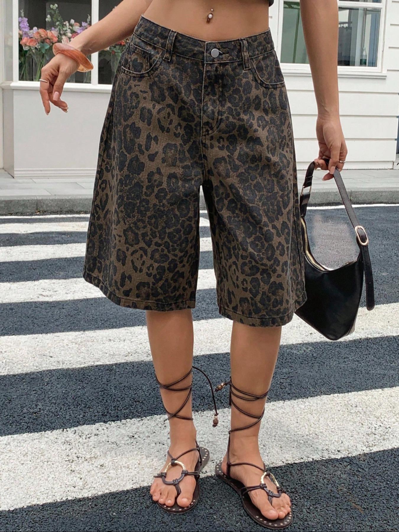 Trendy New Leopard Print Denim Jeans, Fashionable Street Style, Spring Summer Youthful Look, Women's Mid-Calf Jeans, Button Fly Closure