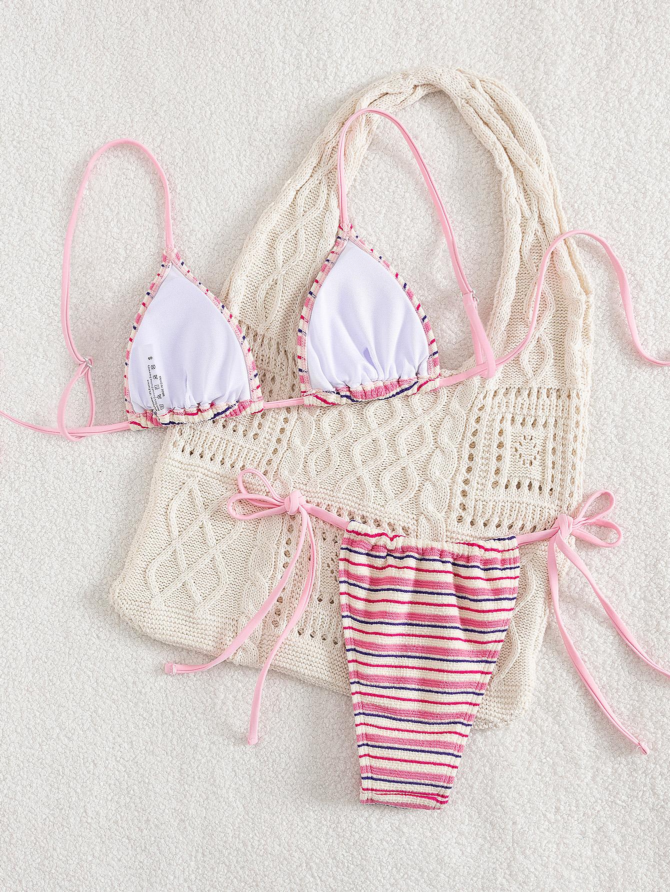 Terry Cloth Striped Triangle Tie Side Bikini Set, Textured String Swimsuit Two Piece Bathing Suit for Women Beachwear