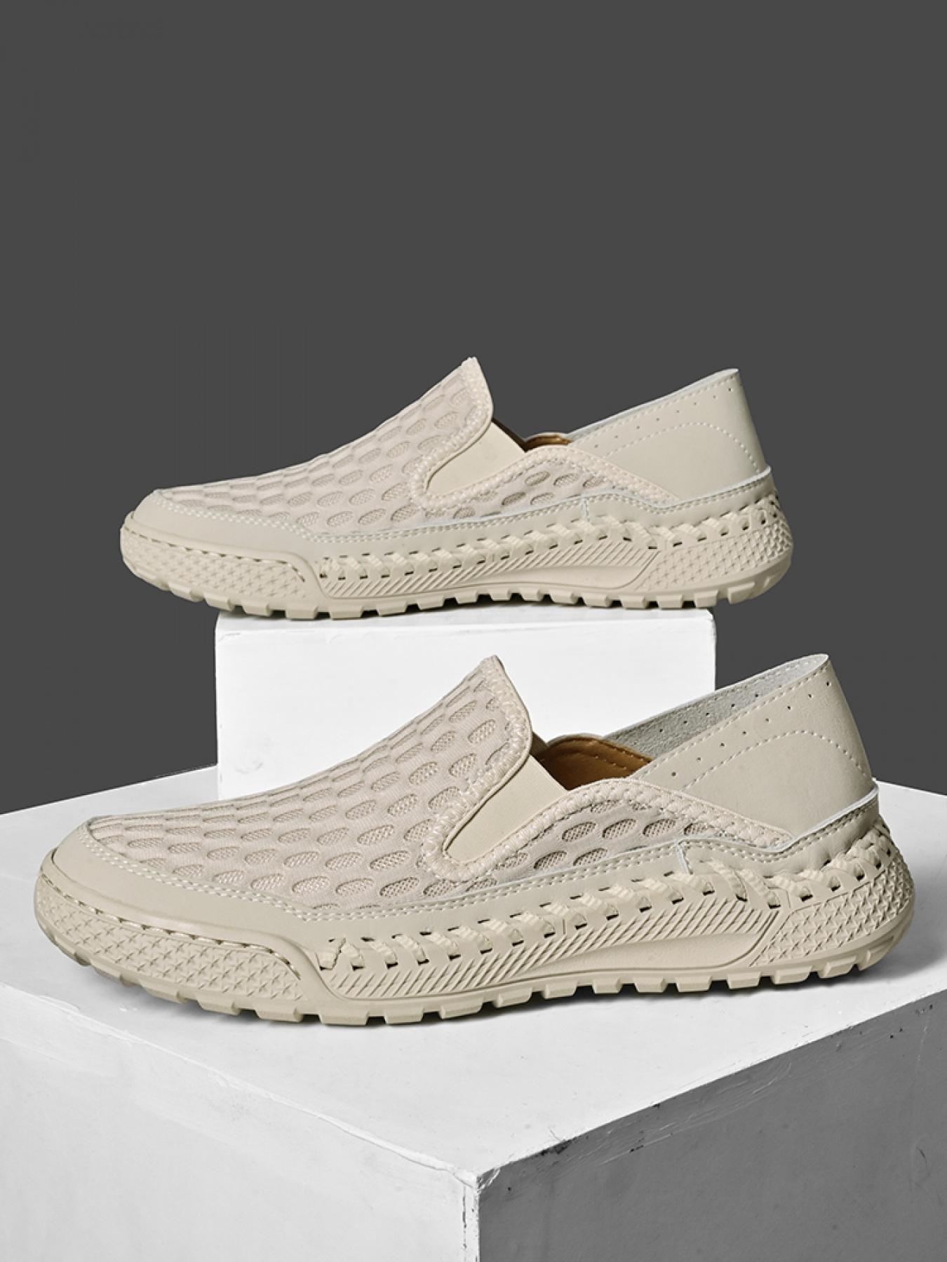 Men's Solid Color Mesh Breathable Slip-On Loafers, Soft Sole Anti-Slip Hand-Stitched Walking Shoes, Lightweight Casual Dad Shoes