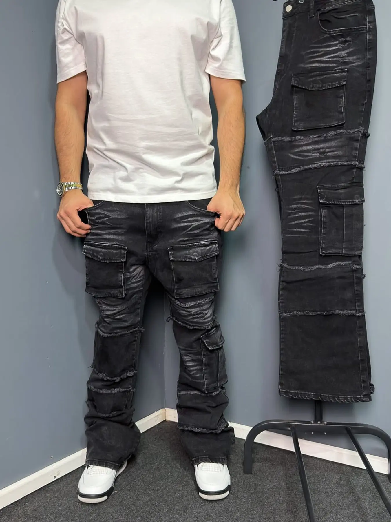 Men's Multi-Pocket Workwear Micro-Rise Jeans, Street Fashion Vintage Patchwork, Washed Catback Pattern, Casual Loose-Fit Pants
