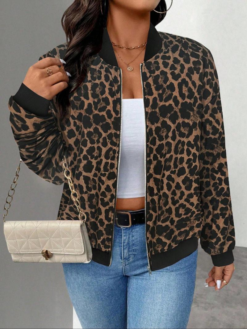 Plus Size Women Lightweight Long Sleeve Zipper Casual Leopard Print Baseball Jacket, Comfortable and Stylish Outerwear for Everyday Wear