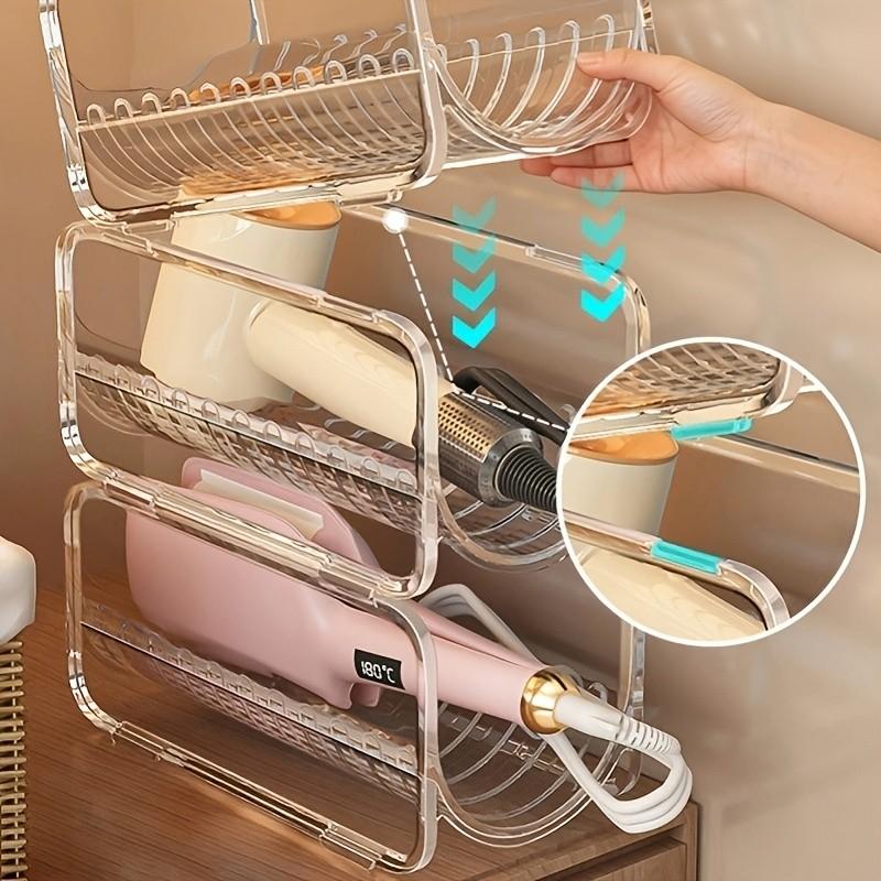 Transparent Acrylic Storage Rack, Stackable Design, Bathroom Organizer, Hair Tool Holder, Countertop Shelf, Practical Shelving Unit