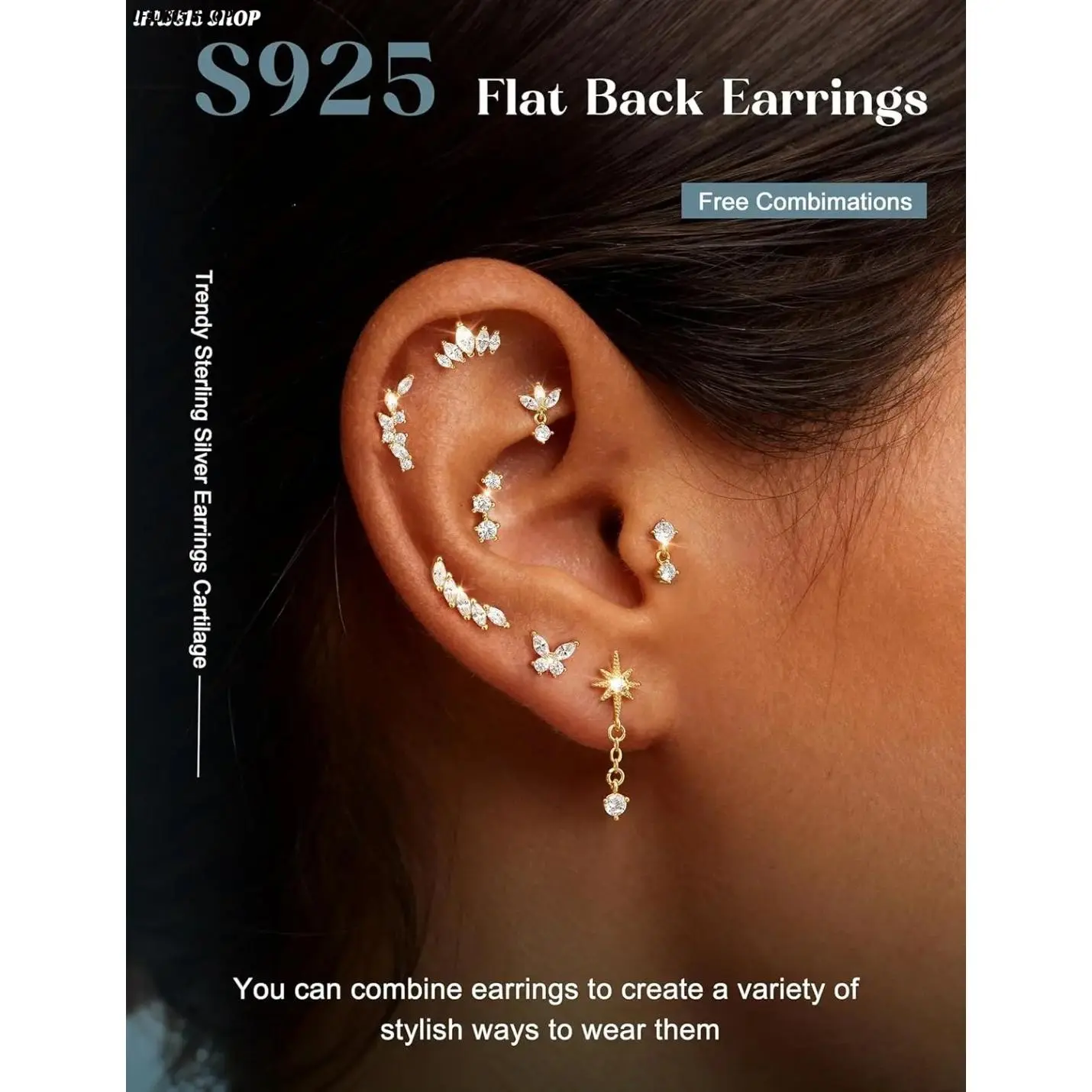 Women’s Hypoallergenic Flat Back Earrings, 925 Sterling Silver Cartilage Studs with Minimalist Ear Crawler Style, Helix Tragus Conch Earrings for Sensitive Ears, Trendy Everyday Jewelry Gift Accessories
