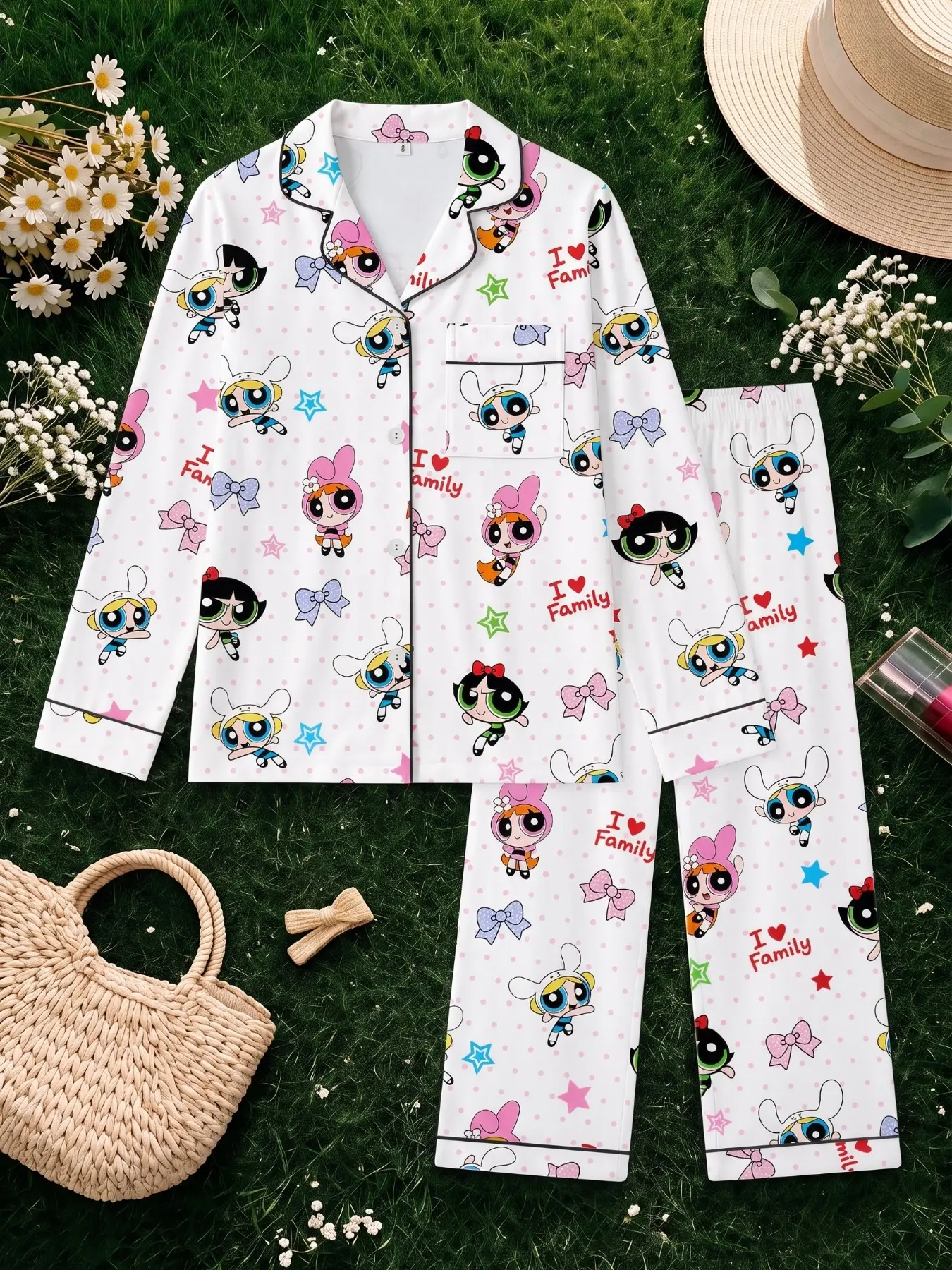 Women's Long Sleeve Pajama Set, Soft Comfortable Fabric, Powerpuff Girls Polka Dot Print, Loose Fit Casual Sleepwear, Spring Fall Home Wear