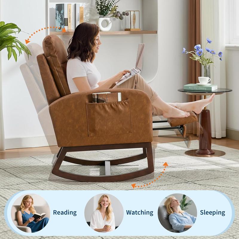 Rocking Chair Nursery with Foot Rest, Modern PU Upholstered Reading Glider Rocker Accent Armchair with High Backrest, Padded Seat, Side Pocket, for LivingRoom, Bedroom, Baby Room