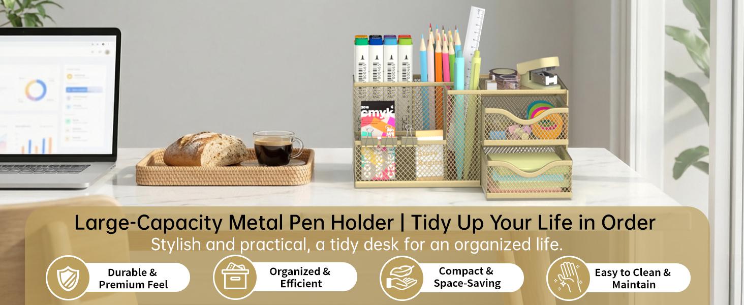 Mesh Desk Organizer, Pen Organizer with 2 Drawers and 5 Compartments, Versatile Pen Holder for Small Space, Desk Organizers and Accessories for School Office Supplies, Gold
