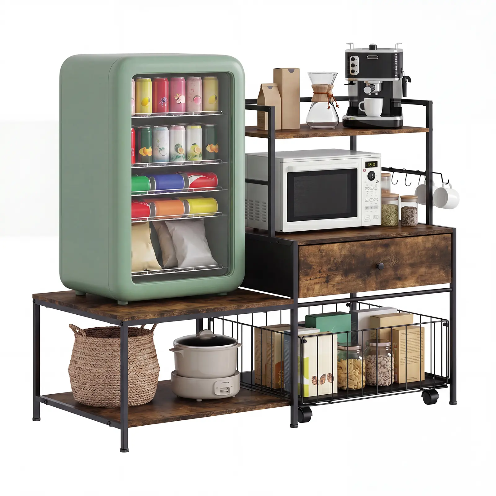 Garvee Mini Fridge Stand with Storage - Rolling Kitchen Island Cart on Wheels, Microwave Stand & Coffee Bar Cart, Freestanding Fridge Stand Base for Kitchen - Color: Burning Color