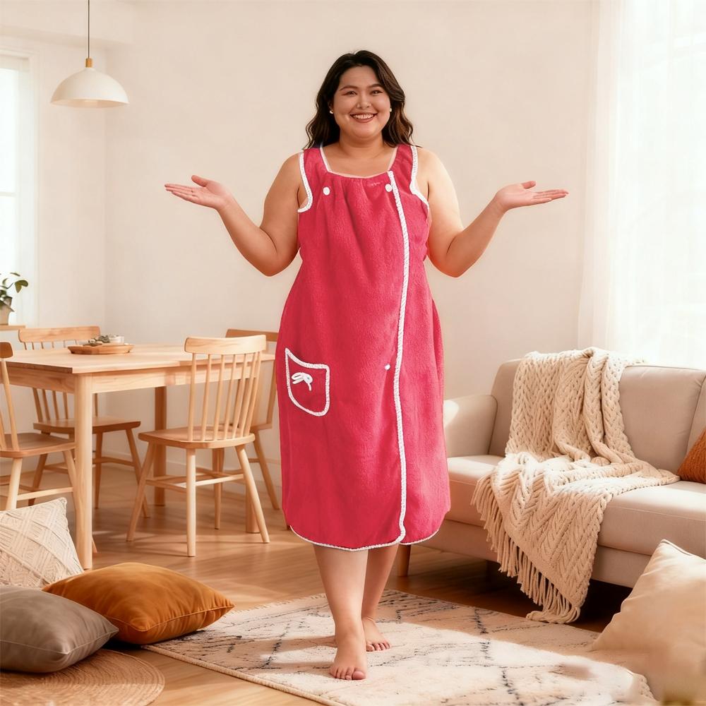 Plus Size Women's Solid Color Bathrobe, Absorbent Quick-Dry, Adjustable Wide Shoulder Straps, Available in Four Sizes, Can Be Used as Towel