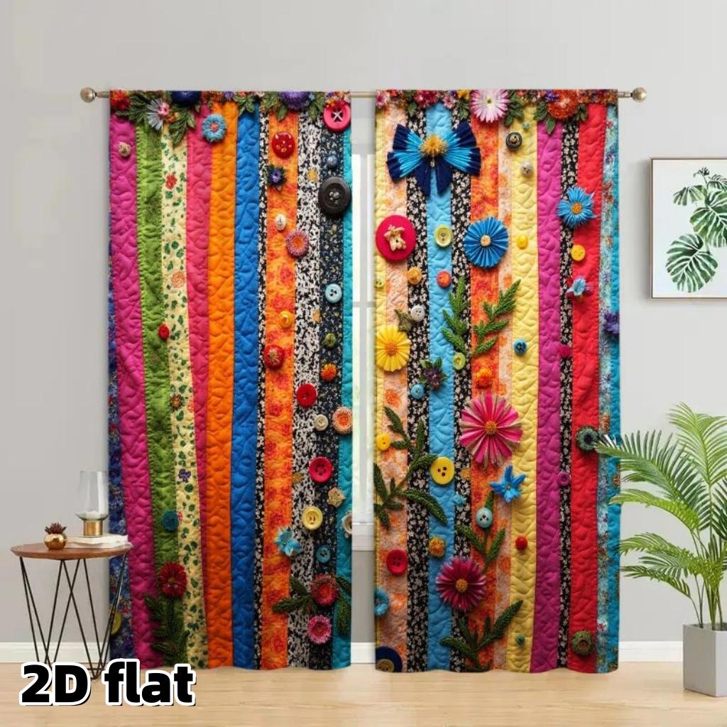 2D Flat 2Pcs Quilted Patchwork Curtains, Multicolored Stripe Design with Button Flower Decorations, Rod Pocket Style, Polyester Fabric, Boho Chic Home Decor, Semi Sunshade, Suitable for Living Room Bedroom Window, Handcrafted Bohemian.