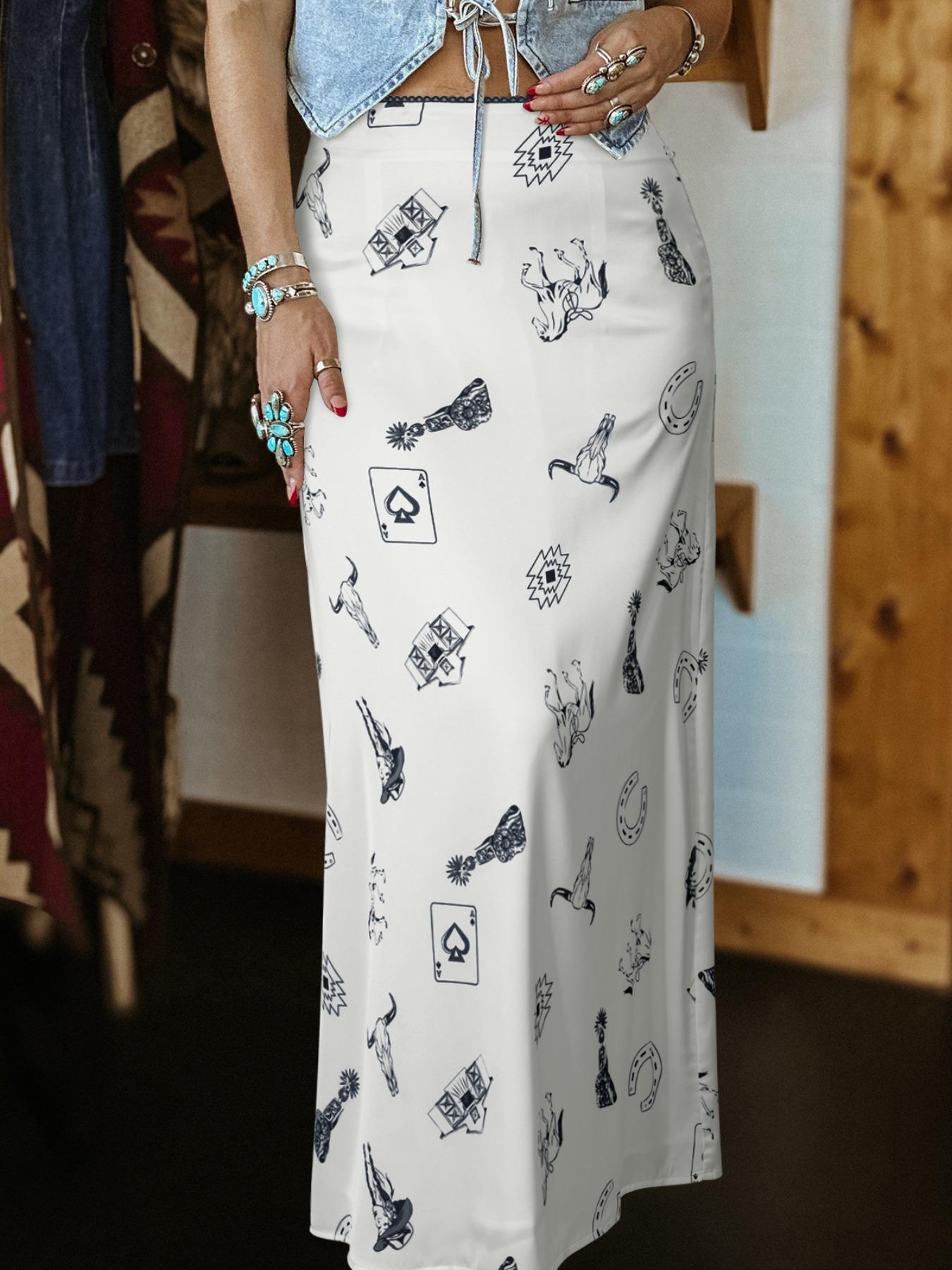 Women's Casual Western Style Satin Long Skirt, High-Waisted Fitted Print Design, All-Season Wearable, Perfect for Vacation & Daily
