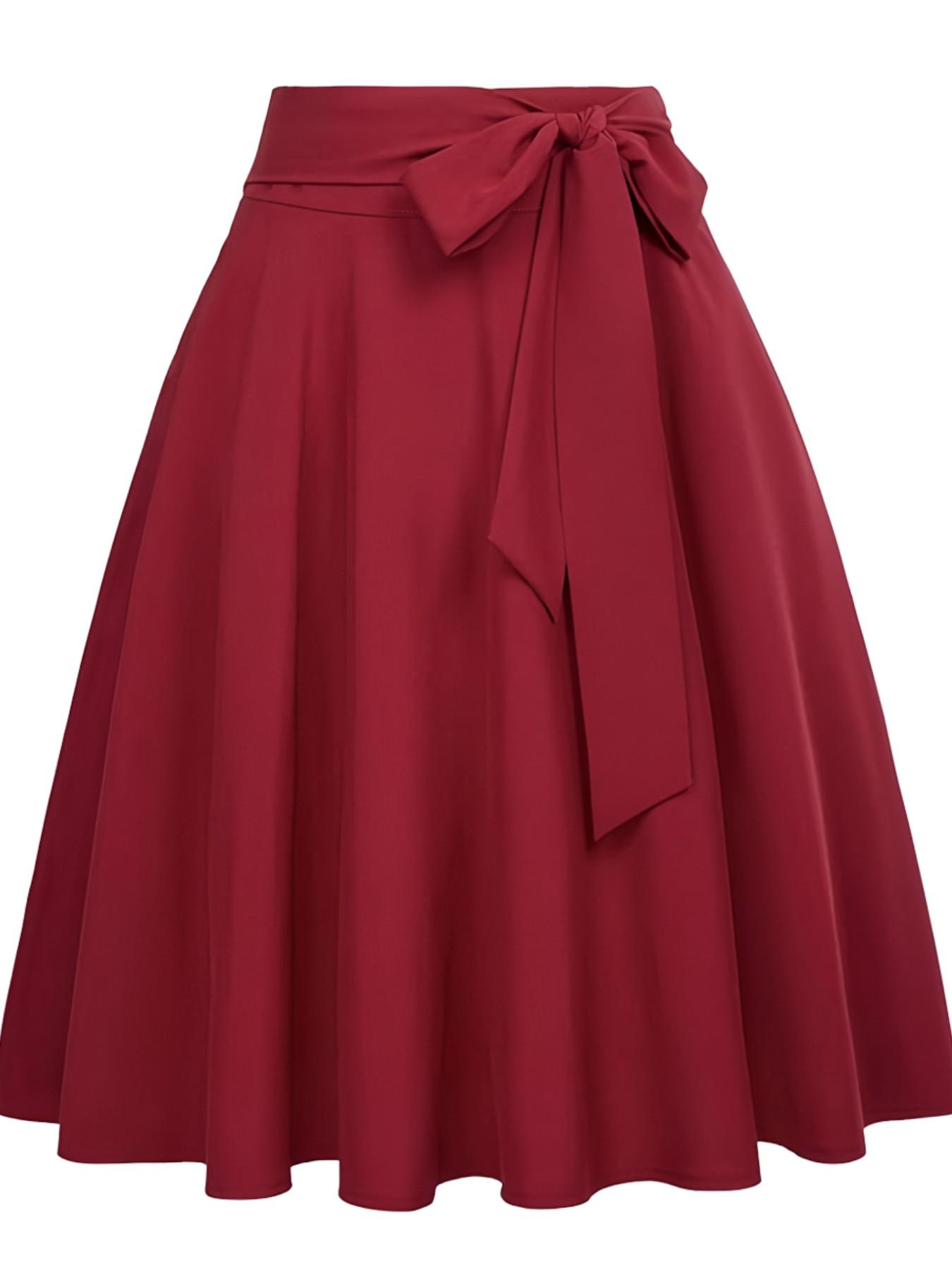 New Spring Summer Women's Solid Color Midi Skirt High Waist Zipper Design Umbrella Hem Bow Belt Elegant Fashion Commuter Versatile