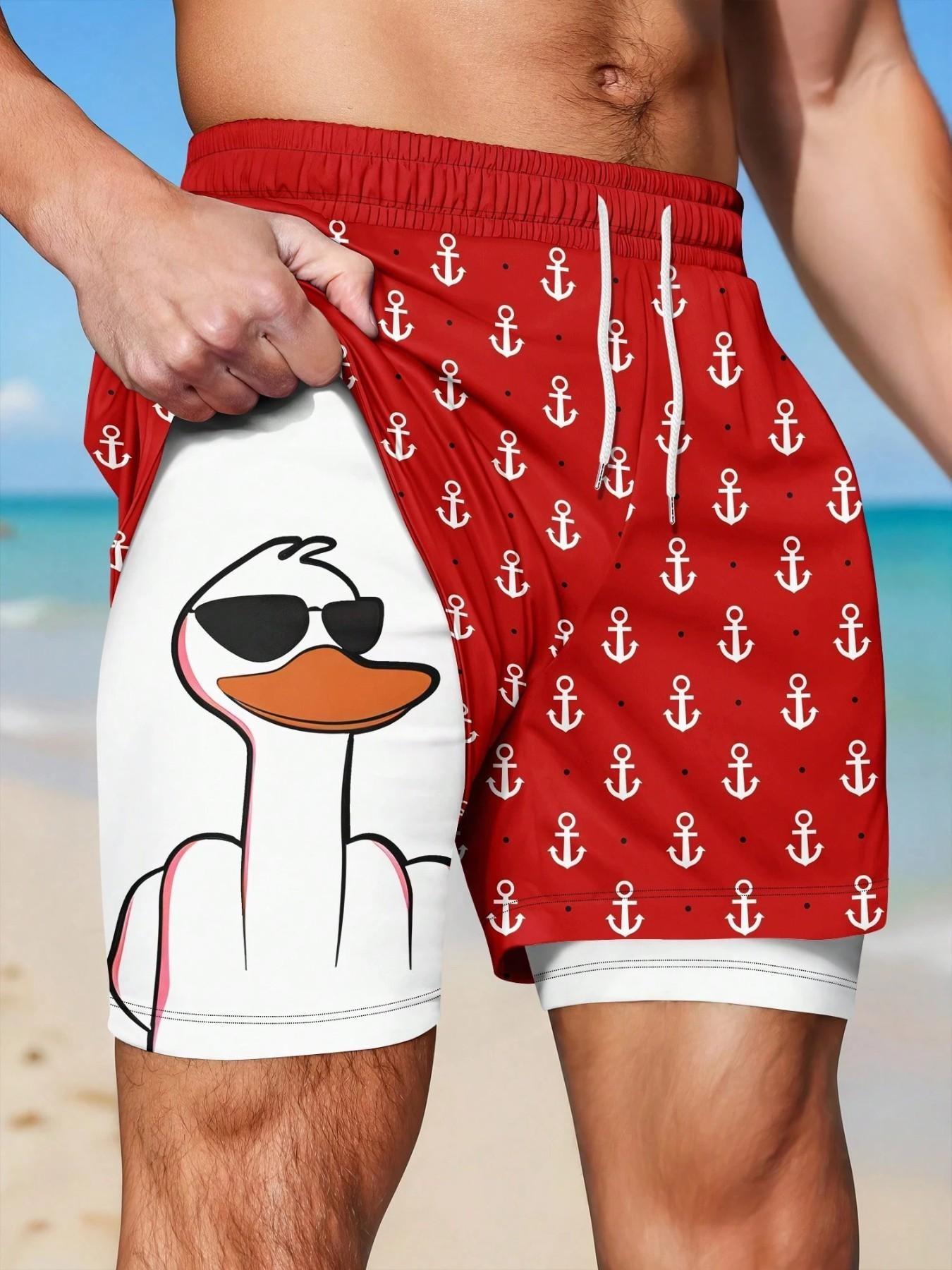 Men's 2-in-1 Quick-Dry Beach Shorts, Swimwear Shorts, Printed Swim Trunks, Cool Cartoon Duck & Anchor Print Drawstring Casual Summer Swim Trunks, Swimsuit Shorts for Vacation #GLOBAL PICKS
