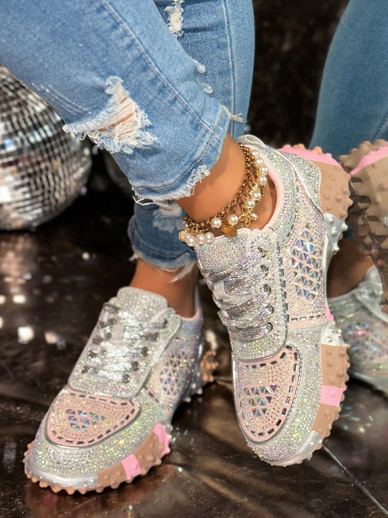 Silver Color Gradient Full Rhinestone Shoes, Diamond Cut Water Drills, 3D Flashing Pieces, Disco Reflective Effect, Thick Sole, Sweet Cool Style