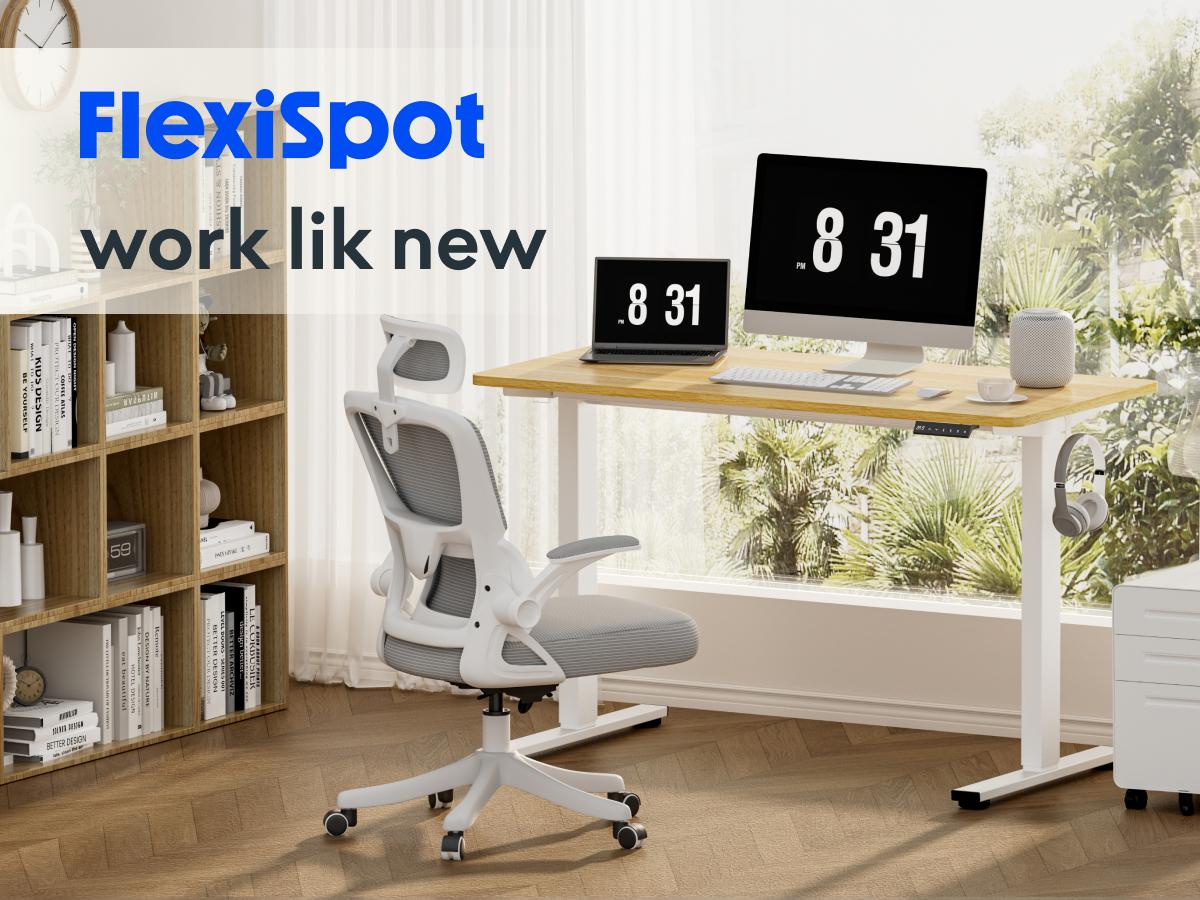 FLEXISPOT EN1 Adjustable Height Standing Desk Electric Whole-Piece White 48x24 Inches Sit Stand for Home Office Eco-Friendly Workspace