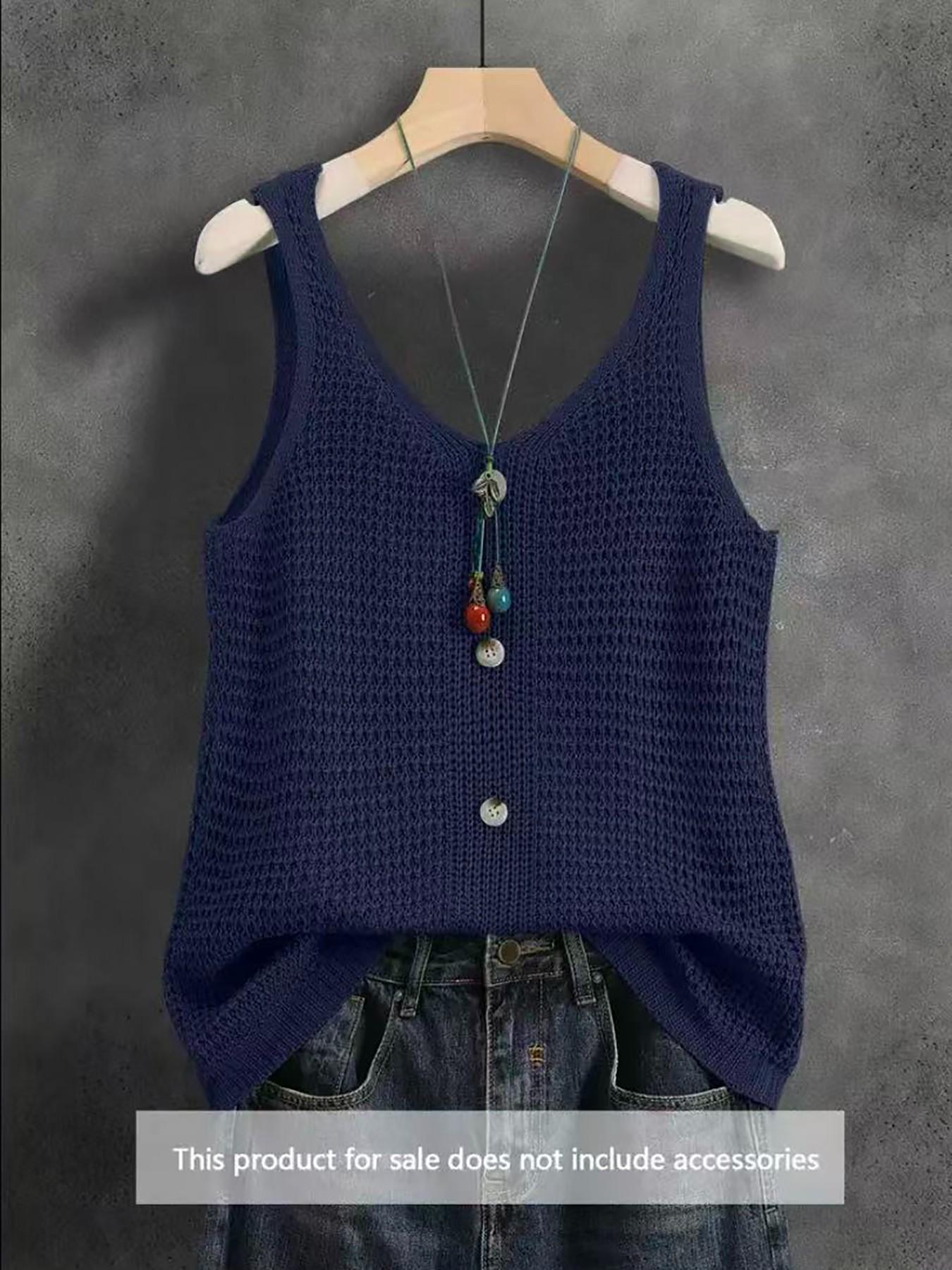 Women's Sleeveless V-Neck Knit Top, Summer Outerwear, Slimming Comfortable Loose Fit, Elegant Casual Design, Breathable Mesh Vest