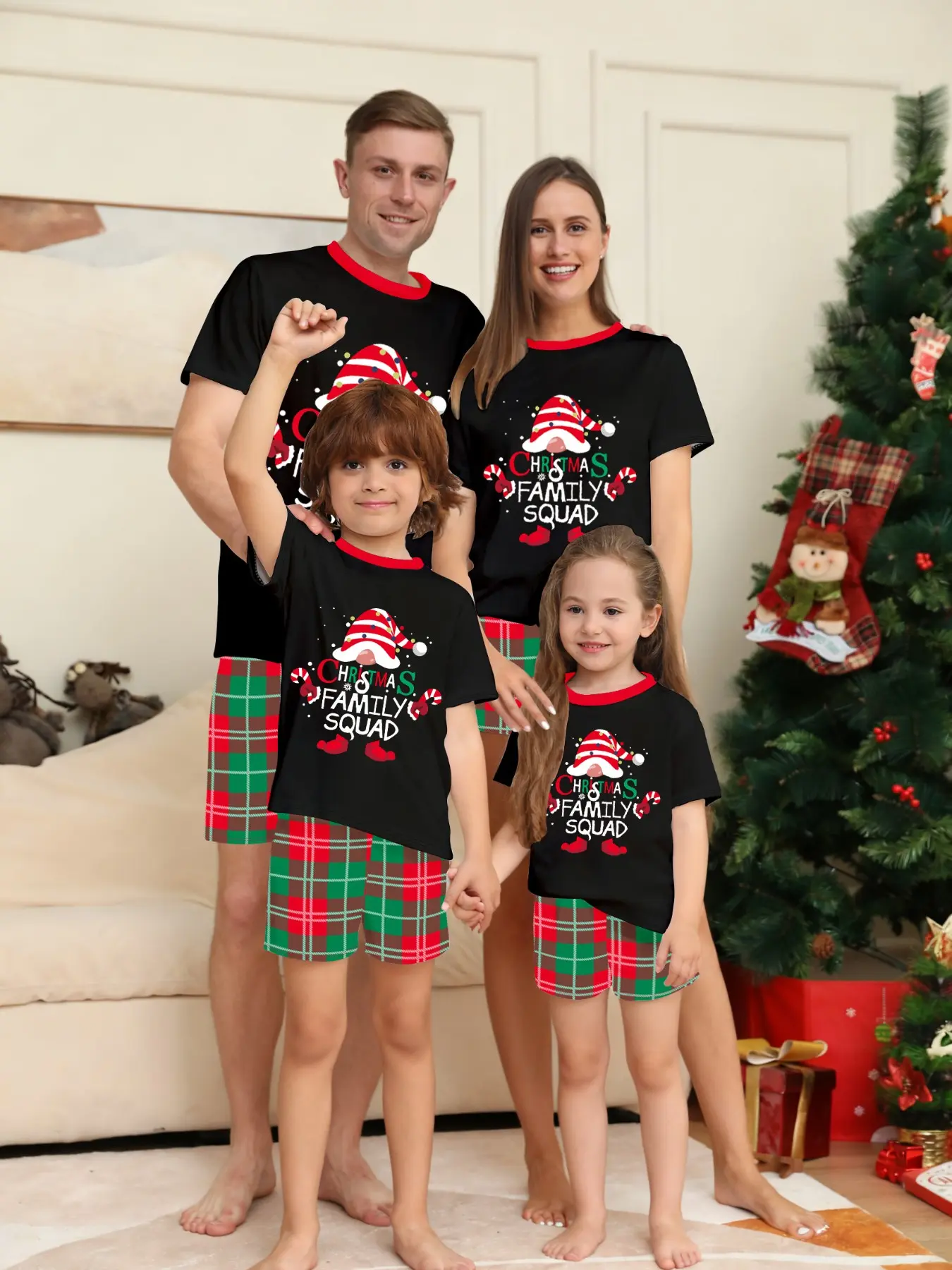 Family Pajamas Matching Sets, Christmas Family Pajamas Matching Sets, Short Sleeve Christmas Pajamas, Christmas Pajamas Short Sleeve, 2 PCS Sleepwear Sets, Black Gnome Print Couples Christmas Pajamas Set Xmas PJs